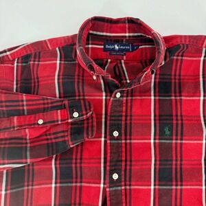 Ralph Lauren Men's Red Black Plaid Button Down Shirt Long Sleeve XL Cotton‎ Rip